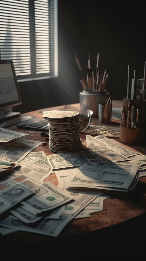 A hyperrealistic depiction of trading success with graphs, charts, and currency symbols vividly displayed; piles of money reflecting financial triumph. Shot using Sony Alpha a9 II, FE 85mm f/1.4 GM, in natural light. Aesthetic Money, Trading Success, A World, Vision Board, How To Make Money, Essence, Money