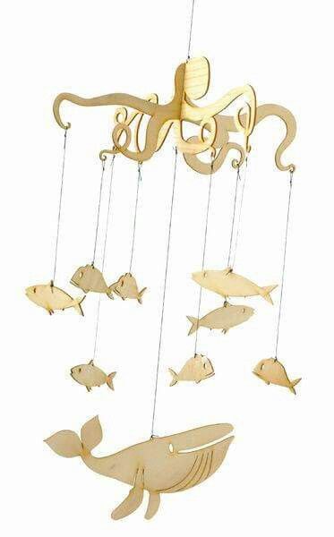 Love this nursery mobile Fish Mobile, Nautical Nursery, Themed Nursery, Woodworking Jigs, The Ceiling, Wood Toys, Wind Chime, Laser Cut Wood, Wooden Toys