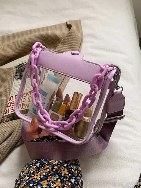 Clear Satchel Bag | SHEIN USA Purple Concert, Concert Bag, Transparent Purse, Concert Bags, Chain Pattern, Polyvinyl Chloride, Word Wrap, Bts Concert, Satchel Bag