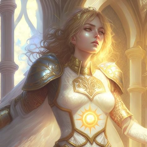 Sune Cleric Dnd, Sun Paladin Fantasy Art, Light Warrior Art, Light Cleric Dnd Aesthetic, Female Aasimar Cleric, Sun Knight Fantasy Art, Light Cleric Female, Light Cleric Aesthetic, Aasimar Dnd Female