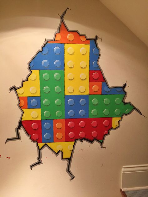 Hand painted mural - Lego brick wall Lego Painting Canvas Wall Art, Lego Painted Wall, Lego Wall Painting Ideas, Lego Hallway Decorations, Brick Wall Mural Painted, Lego Wall Mural, Lego Brick Wallpaper, Lego Painting Ideas, Lego Brick Drawing