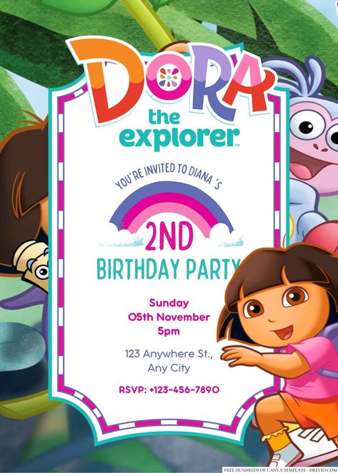 Free Editable Dora the Explorer Birthday Invitation | Download Hundreds FREE PRINTABLE Birthday Invitation Templates Media Dora The Explorer Birthday Party, Birthday Invitations Templates, Explorer Birthday Party, Baby First Birthday Themes, Mexican Birthday, Free Printable Birthday Invitations, 2nd Birthday Party Themes, First Birthday Themes, Dora The Explorer