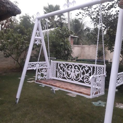 Garden Jhula Design, Knitting Chair, Home Gate Design, Steel Furniture Design, Garden Furniture Design, Beautiful Landscape Paintings, Grill Door Design, Balcony Grill Design, Swing Chair Outdoor