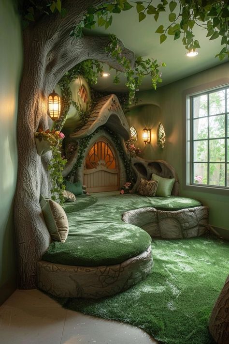 29 Basement Playroom Ideas for a Stylish and Fun Area 7 Forest Themed Library, Magical Reading Nook, Enchanted Forest Library, Forest Themed Living Room, Playhouse Themes, Nature Playroom, Sensory Room Ideas For Adults, Forest Playroom, Magical Playroom