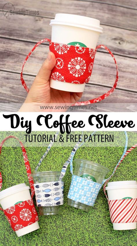 DIY Coffee Sleeve Holder - Free Pattern | Reusable Cup Holder Sewing Tutorial [sewingtimes] Coffee Cup Holder Diy, Diy Coffee Sleeve, Cup Sleeve Pattern, Coffee Sleeve Pattern, Coffee Cup Crafts, Reusable Coffee Sleeve, Coffee Cups Diy, Sleeve Holders, Making Bags