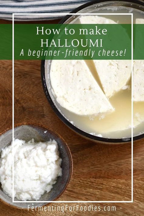 Halloumi follows most of the usual steps for making hard cheese, however, it's easier to age. Learn how to make this beginner-friendly cheese! How To Make Halloumi Cheese, Homemade Boursin Cheese Recipe, Halloumi Cheese Recipes, Boursin Cheese Recipes, Farmhouse Food, Haloumi Cheese, Raw Dairy, Cheese Recipes Homemade, Fermented Dairy