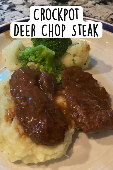 Venison Steak In Crockpot, Crockpot Deer Cube Steak, Backstrap In Crockpot, Smothered Deer Steak, Deer Chop Recipes, Crockpot Venison Cube Steak, Crock Pot Deer Steaks, Blackstrap Crockpot, Deer In Crockpot