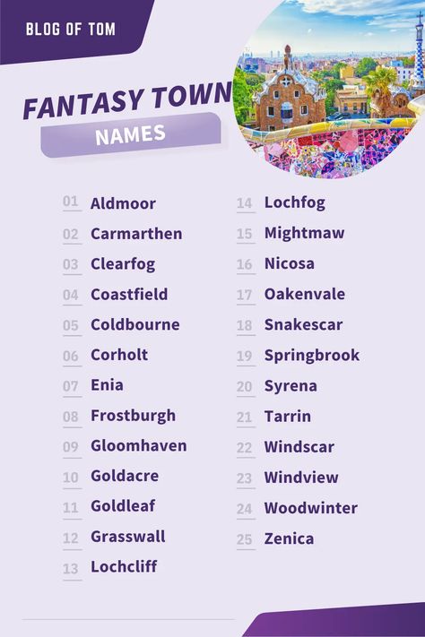 Looking for the perfect name for your next fantasy town? Look no further! This list of 400 awesome ideas for fantasy town names is sure to have something that will fit your needs. From whimsical and light-hearted names to dark and brooding ones, there's something here for everyone. So get inspired and start creating your very own magical town today! #fantasytownnames #townnames Names Of Places Writing, Names Related To Art, Magic Name Ideas, Place Name Ideas Writing, How To Create Names For Places, Names For Schools In Books, Names Of Fantasy Places, Fantasy Story Name Ideas, Names For Magical Places