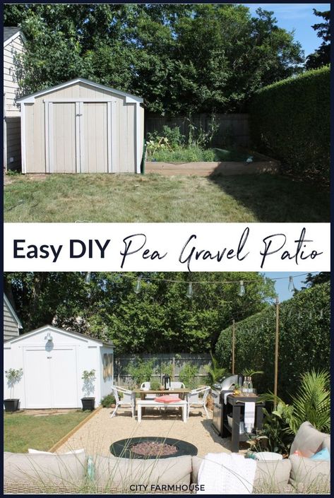 Diy Gravel Patio Ideas, Modern Farmhouse Patio Ideas Backyards, Yard Patio Ideas Budget, Backyard Patio Ideas On A Budget Outdoor Areas Pea Gravel, Pea Gravel Yard Backyard Ideas, Diy Gravel Backyard Ideas, Gravel Patio Ideas Budget, Airbnb Backyard Ideas, Mulch Patio Ideas