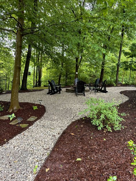 Woodchip Backyard Ideas, Fun Backyard Landscaping Ideas, Firepits In The Woods, Forest Landscaping Ideas Woods, Simple Cabin Landscaping, Woods Backyard Landscape, Wooded Yard Ideas, Wooded Gardens Backyards, Adirondack Landscaping