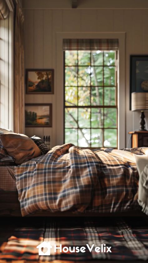 Plaid Bedding Western Themed Bedroom, Western Bedroom Ideas, Cabin Basement, Plaid Bedroom, Western Bedrooms, English Estate, Western Bedroom Decor, Plaid Bedding, Western Bedroom