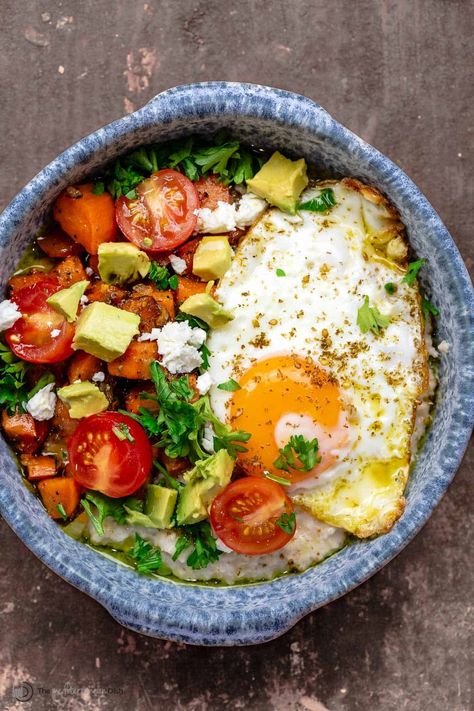 Mediterranean Breakfast Recipes, Sauteed Sweet Potatoes, Savory Oatmeal Recipes, Mediterranean Breakfast, Savory Oatmeal, Mediterranean Flavors, Fresh Tomato Recipes, The Mediterranean Dish, Easy Mediterranean Diet Recipes