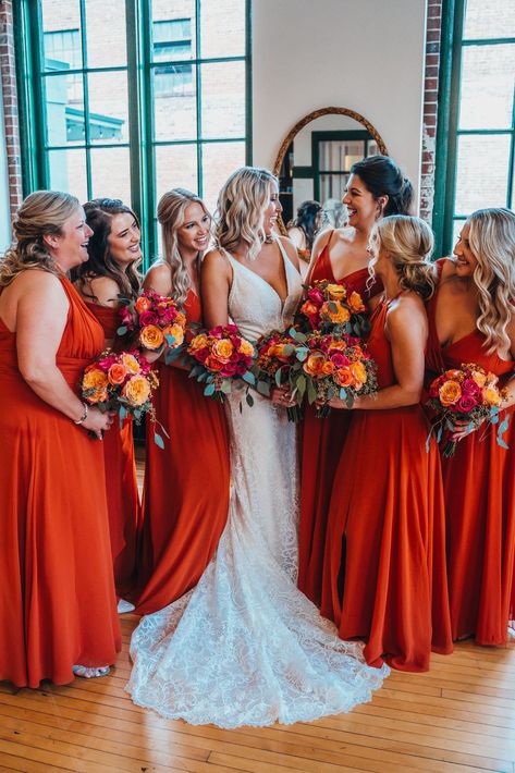 Red Orange Wedding Theme, Fall Wedding Bright Colors, Red And Orange Wedding, Orange Wedding Theme, Wedding Reception Centerpiece, Orange Wedding Themes, Burnt Orange Bridesmaid Dresses, Orange Wedding Colors, Burgundy Bridesmaid Dresses Long