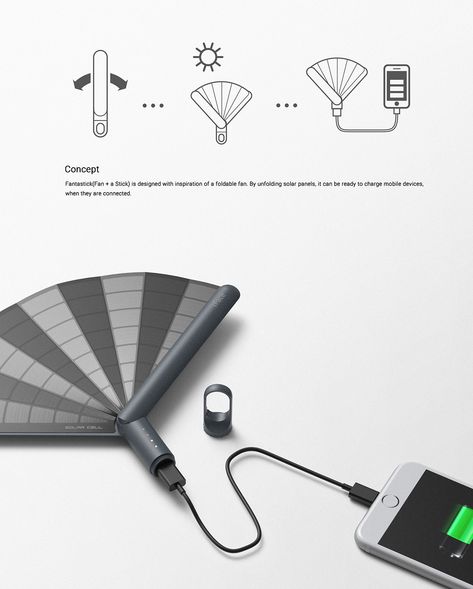 Fantastick (Fan + a Stick) is a power bank which can be charged with solar power, for charging various smart devices. Power banks are sensitive to size and weight, because they are usually carried by users and solar powered batteries have bad portability. With reflection of those consumers’ environments, I will propose new photovoltaic power bank. Cmf Design, Phone Power Bank, Fan Poster, Power Banks, Desk Fan, A Stick, Red Dots, Smart Device, Solar Powered