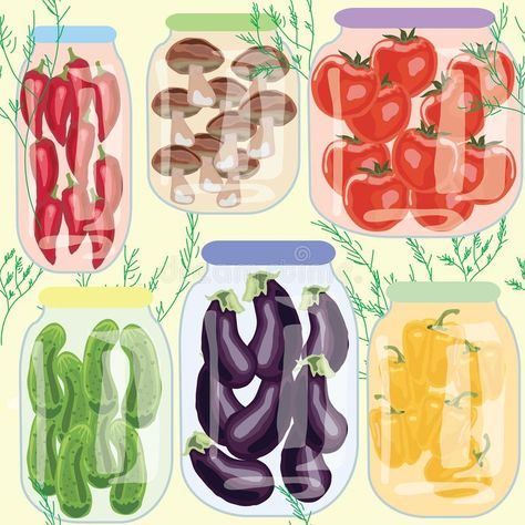 Assorted Pickled Vegetables In Cans Pepper Mushrooms Cucumber Tomatoes Aubergine Stock Vector - Illustration of mushrooms, marinade: 118375946 Meat Illustration, Pickled Meat, Pickled Vegetables, Cucumber Tomato, Pickles, Tomatoes, Cucumber, Stock Vector, Stuffed Mushrooms