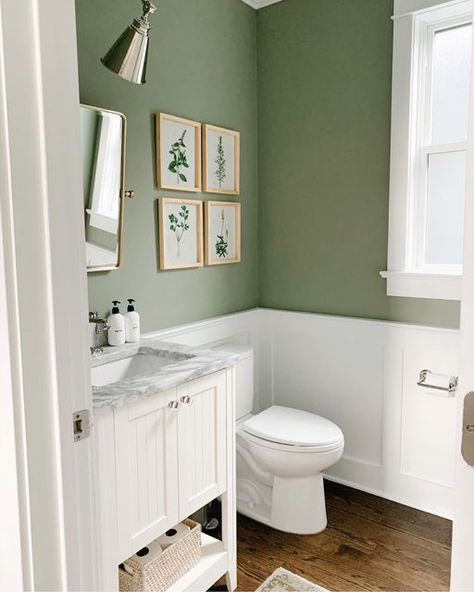 Alaina Kaz on Instagram: "Nothing like following up a photo of my babies with a photo of a bathroom... hah but this is a room I rarely show! The color is Lichen by @farrowandball - have any of you tried this trending sage green color in your home? Would you? We get so many compliments on it from guests! #powderroom #farrowandball // all items including @kohler bathroom hardware and faucet are linked here http://liketk.it/2Jhtw #liketkit @liketoknow.it #ltkhome #schmiedskifirsthome" Light Blue Green Bathroom, Sage Green Small Bathroom, Green And White Bathroom, Light Green Bathroom, Green Small Bathrooms, Green Powder Room, Green Bathroom Paint, Light Green Bathrooms, Small Half Bath