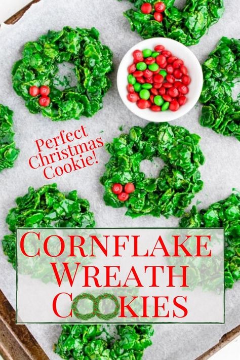 Cornflake Wreaths, Christmas Wreath Cookies, Cornflake Cookies, Traditional Christmas Cookies, Cereal Cookies, Wreath Cookies, Holiday Cookie Exchange, Krispy Treats, Holly Wreath