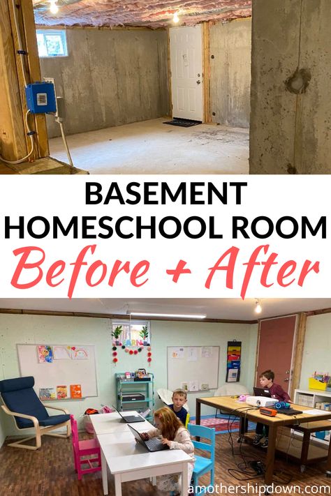 I was searching for a good remote learning setup at home, and had lots of homeschool room ideas that I wanted to try out. I finally decided to convert our unfinished basement into a space for remote learning, and the results have been amazing! If you're doing a remote learning setup for elementary school aged kids, you'll find ideas in this before and after post. Homeschool Room Ideas, Homeschool Room Decor, Homeschool Room, Basement Makeover, Homeschool Learning, Homeschool Life, School Sets, Small Space Living Room, Remote Learning