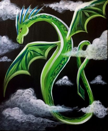 Learn to Paint Green Dragon tonight at Paint Nite! Our artists know exactly how to teach painters of all levels - give it a try! Easy Dragon Painting On Canvas, Dragon Canvas Painting Easy, Dragon Paintings Easy, Alien Spaceship Painting, Simple Dragon Painting, Simple Fantasy Painting, How To Paint A Dragon, Easy Dragon Painting, Fantasy Painting Easy