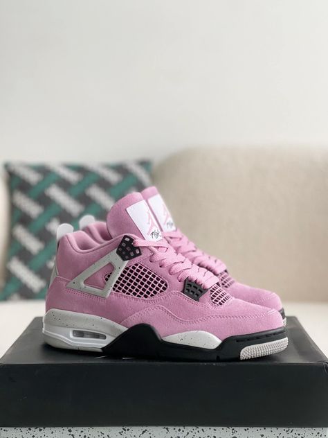 Inspired by the Air Jordan 4 Retro "Orchid," these sneakers capture the vibrant essence of the original. Crafted with high-quality materials, they feature a striking pink suede upper, accented with black and white details. The iconic Jumpman logo and speckled "cement" midsole complete the look. Step out in style and confidence with these premium-inspired sneakers. J 4s, Pink 4s, Jordan Fours, Jordans 4, Jordan Shoes For Men, Jordan 4’s, Pretty Sneakers, Fall Winter Jacket, Nike Fashion Shoes