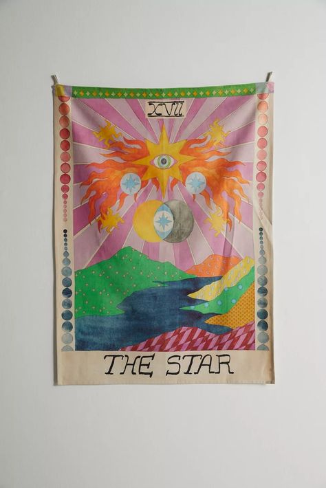 Tarot Card Tapestry | Urban Outfitters Urban Outfitters Dorm, Tarot Card Tapestry, Dorm Packing, Tapestry Pink, Dorm Design, Colorful Wall Hanging, Star Tapestry, Tarot Major Arcana, Art Tapestry