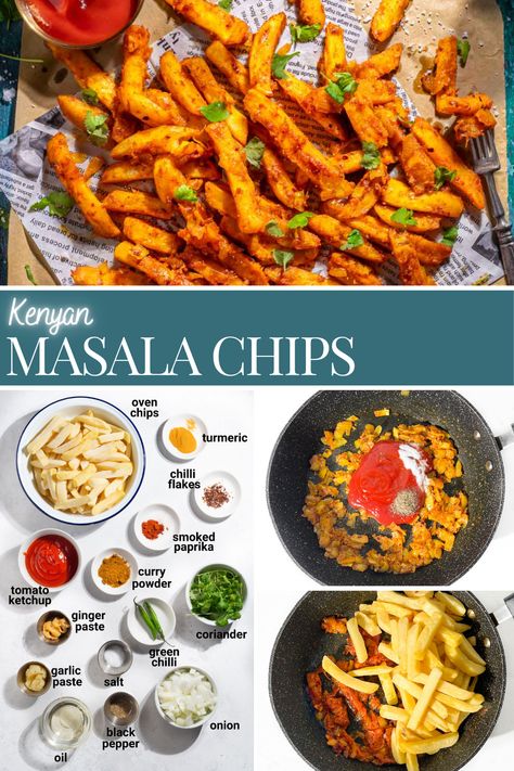 Masala chips on brown paper with tomato sauce and a small pot of salt. Potato Fry Recipes Indian, Masala Chips Recipes, Masala Fries Recipe, Chips Masala Recipe, Indian Chips, Kenyan Food Recipes, Potato Chips Recipes, Masala Chips, Oven Chips