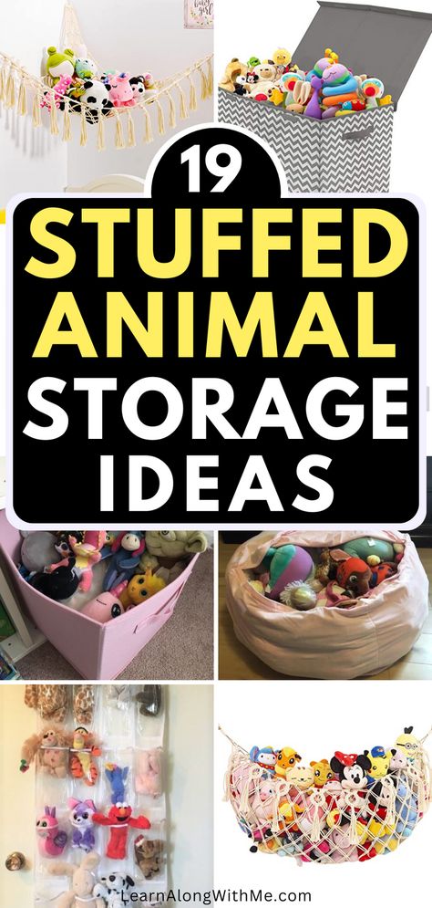 If you need a better way to store your child's stuffed animals, check out these 19 stuffed animal storage ideas.  There are stuffed animal storage solutions for hanging the Teddy Bears on the wall, tucking them inside zippered bags, some stuffed animal storage DIY options, and more.  Which of these ideas will help tame the zoo at your houes?  Click to have a look. Best Way To Store Stuffed Animals, Stuffed Animal Storage Small Space, Ideas For Storing Stuffed Animals, Stuffed Animal Zoo Storage, Diy Giant Stuffed Animal, Hanging Toy Storage, Teddies Storage, Storage For Stuffed Animals, Creative Ways To Store Stuffed Animals