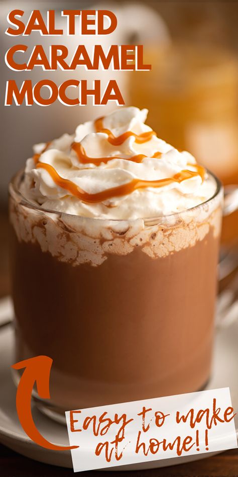 You can make a salted caramel mocha at home that’s even better than the coffee house version with just a few simple ingredients. Essen, Winter Coffee Recipes, Caramel Coffee Drinks, Caramel Coffee Recipe, Mocha At Home, Coffee Recipes At Home, Baking Mischief, Flavored Coffee Recipes, Easy Salted Caramel