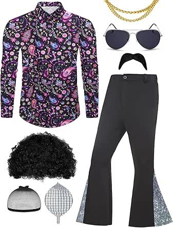 Lydoesy 70s Disco Outfit for Men 70s Costume with Retro Shirt Bell Bottom Pants Wig Sunglasses Necklace Mustache 70s Party Outfit Men, 70s Disco Party Outfit Men, Halloween Costumes Pants, Disco Party Outfit Men, Retro Disco Outfit, Disco Outfit Men, 70s Disco Party Outfit, Disco Men, 70s Outfits Men