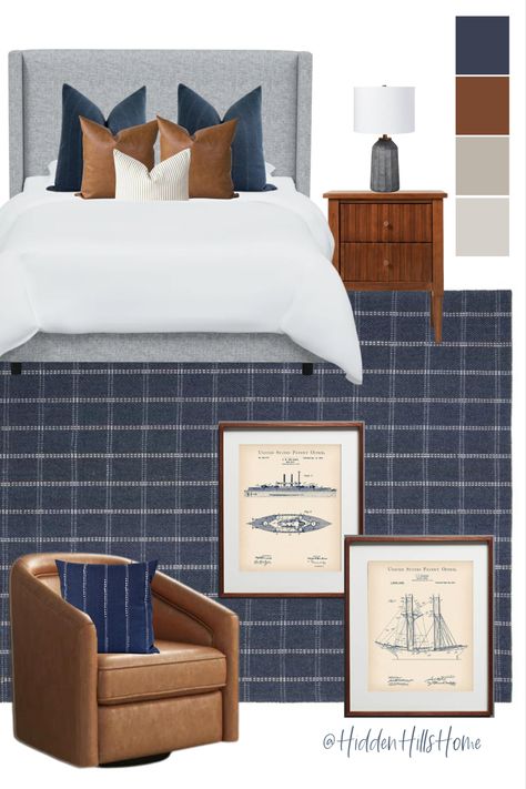 Teen boys nautical bedroom with navy blue and brown tones! This bedroom has a gray upholstered bed paired with a navy blue rug. Navy And Cognac Bedroom, Men’s Coastal Bedroom, Navy Masculine Bedroom, Mens Coastal Bedroom, Navy Nautical Bedroom, Masculine Beach House Decor, Navy Tan Bedroom, Navy And Leather Bedroom, Coastal Masculine Bedroom