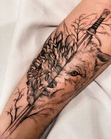 22 Powerful Game Of Thrones Tattoo Ideas For Hardcore Fans 7 Finish Tattoo Ideas, House Of Dragon Tattoo Ideas, Game Of Thrones Sleeve, Drogon Game Of Thrones Tattoos, Direwolf Tattoo, House Stark Tattoo, Got Dragon Tattoo, Got Tattoo Game Of Thrones, Tyrion Lannister Tattoo