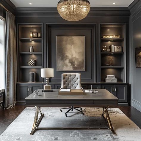 How Interior Design Color Themes Can Transform Your Home into a Haven • 333+ Images • [ArtFacade] Office With Black Built Ins, Restoration Hardware Home Office, Billy Built In Desk, Home Office Bookcase Ideas, Office With Tall Ceilings, Speakeasy Home Office, Office Wall With Window, Modern Men’s Office, Colonial Office Design