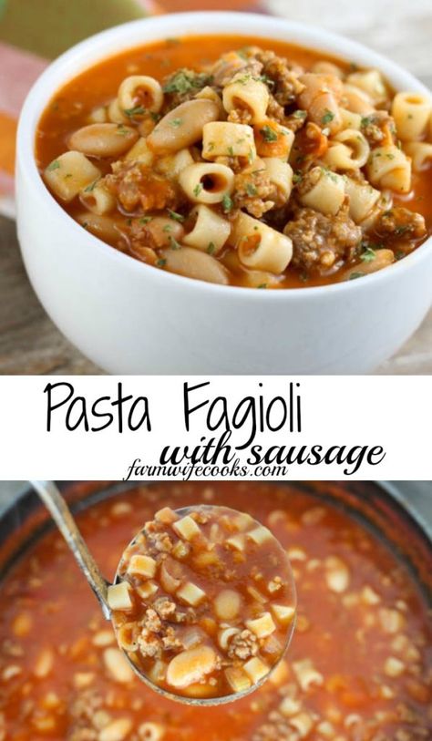 Mommy's Pasta Fagioli Soup with Sausage - The Farmwife Cooks Soup With Sausage, Pasta Fagioli Recipe, Pasta Fagioli Soup, Fagioli Soup, Pasta Fagioli, Veg Food, Turkey Soup, Food Fantasy, Easy Soup