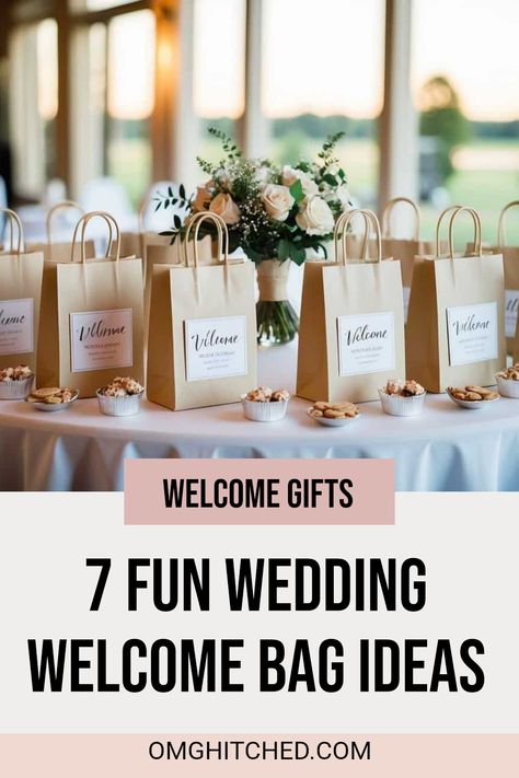 Are you planning a wedding and want to make your guests feel special? Discover 7 fun wedding welcome bag ideas that are sure to bring smiles! From snacks and drinks to lovely keepsakes, these ideas can help create an unforgettable experience for everyone at your celebration. Your guests will love the warm welcome as they arrive! Save this pin for later and start making some wonderful wedding plans filled with personal touches and thoughtful details for your loved ones. Hotel Wedding Gift Bags, Hospitality Baskets For Guests Wedding, Welcome Gifts For Out Of Town Wedding Guests, Welcome Bag Ideas For Wedding Guests, Out Of Town Wedding Guest Bags Welcome Baskets Hotels, Wedding Hotel Guest Bags Welcome Gifts, Welcome Bags Wedding Hotel, Welcome Gift Wedding, Wedding Hotel Gift Bags Ideas