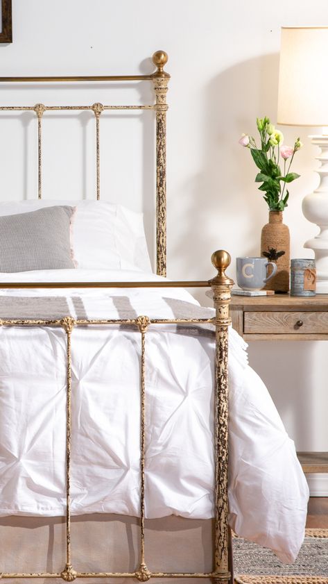 Rogers has a beautiful selection of iron and brass beds for your traditional and farmhouse bedroom needs. Gold Queen Bedding, Brass Iron Bed, Iron Beds Frame, Brass Bedframe Bedroom Ideas, Wrought Iron Beds Bedroom, Iron Beds Bedroom Decorating Ideas Boho, Gold Brass Bed Bedroom Ideas, Brass Headboard Bedroom Ideas, Antique Iron Beds Bedroom