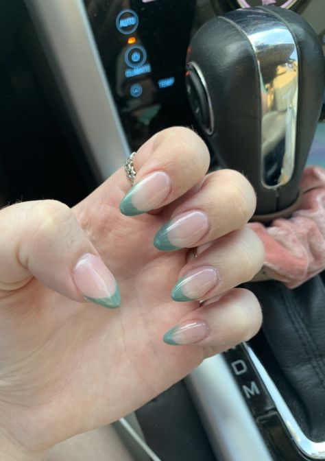 Teal French Tip Nail Designs, Greenish Blue French Tip Nails, Prom Nails Teal, Periwinkle French Tip Nails, Teal Prom Nails, Sage Green French Tip Nails, Teal French Tips, Teal French Tip Nails, Gel Acrylics