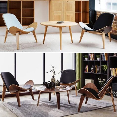 Shell chairs are perfect choice for a casual living room and coffee shop. Shell Chair Living Room, Wegner Shell Chair, Hans Wegner Shell Chair, Modern Wooden Furniture, Casual Living Room, Famous Chair, Chairs Living Room, Plywood Design, Wooden Dining Chairs