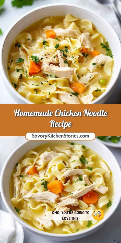 Who doesn’t love a steaming bowl of homemade chicken noodle soup on a cold day? This recipe is packed with flavor and nutrition, perfect for family gatherings or a quick meal. Pin this for quick access to comfort in a bowl anytime you need it! Homemade Chicken Noodle Soup Crockpot, Easy Homemade Chicken Noodle Soup, Homemade Chicken Noodle Soup Recipe, Chicken Noodle Soup Recipe Homemade, Best Chicken Noodle Soup, Chicken Soup Recipes Homemade, Chicken Noodle Soup Crock Pot, Chicken Noodle Soup Easy, Homemade Chicken Noodle