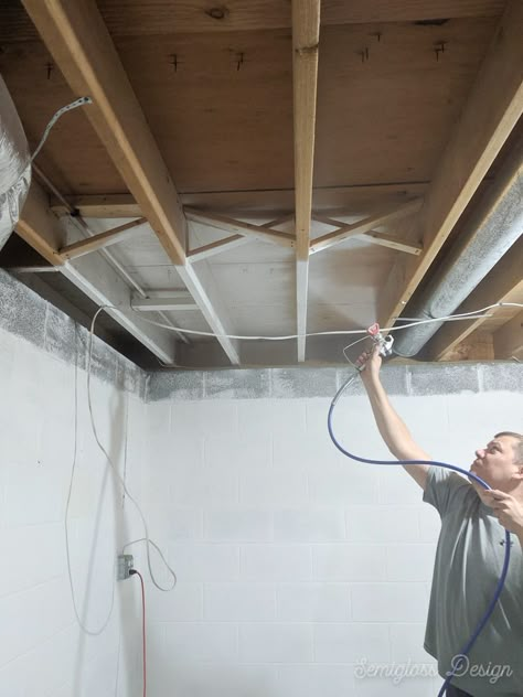 Unfinished Ceiling, Painting The Ceiling, Unfinished Basement Ceiling, Exposed Basement Ceiling, Cheap Basement Remodel, Basement Decoration, Dream Basement, Basement Remodel Diy, Basement Gym