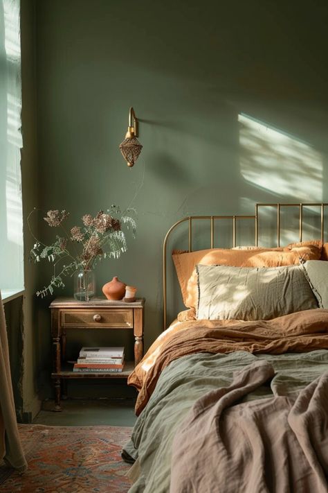 Guest Room Green Walls, Olive Green Room Paint, Green Painted Bedroom Ideas, Olive Green Wall Bedroom Ideas, Kitchen Ideas Paint Colors Walls, Olive Green Bedroom Furniture, Green Bed Comforter Ideas, Best Green Paint Colors Bedroom, Dark Green Walls Bedroom Aesthetic