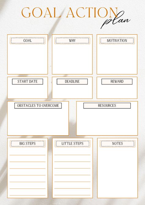 Comprehensive Goal Action template all in one | Printable Planner by  Michael Brown Planning Goals Ideas, Action Plan Template Business, Plan Life Goals, Plan Of Action Goal Settings, Plan Of Action Template, Goal Book Ideas, Goals Chart Ideas, Life Goals Worksheet, Yearly Goal Planner Template