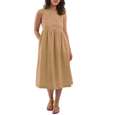 PRICES MAY VARY. Summer linen dresses are made of premium pure linen fabric, pre-shrunk, light-weight, and breathable. The woven linen dresses featuring a sleeveless, crew neck, slant pockets, solid color, below the knee length, button-front closure, relaxed fit. Button-front dresses great for beach, daily, school, party, shopping, dating, home, vacation, etc. These linen midi dresses can be worn backwards and forwards if you like. Machine washable in cold water, but we recommend hand washing. H Modest Linen Dress, Home Vacation, Linen Summer, Summer Linen Dresses, Linen Midi Dress, School Party, Summer Linen, Button Front Dress, Pleated Midi Dress