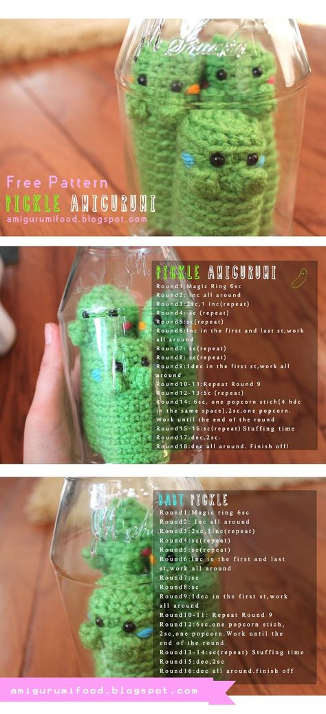 Here's my cute family of Pickle!Holding the air inside of the tiny and cutie jar!I love them soo much, It's an excellent gift for your family or friends!The pattern is super easy to make!!I hope you l Amigurumi Food, Crochet Fruit, Crochet Food, Kawaii Crochet, Quick Crochet, Amigurumi Free, Amigurumi Free Pattern, Learn To Crochet, Crochet Dolls