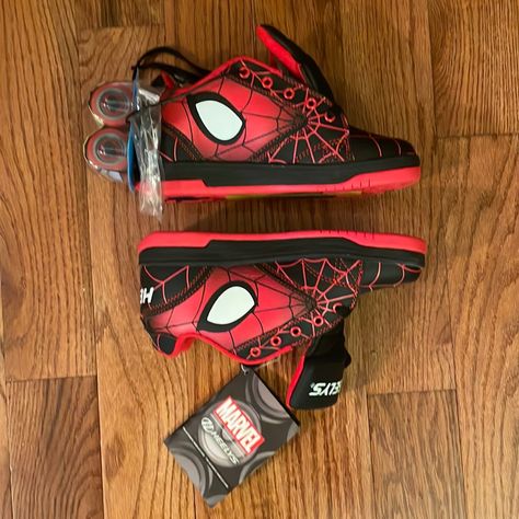 New With Tags And In Original Box Never Been Worn Authentic Marvel Spider-Man Heelys. Vintage You Will Not Find These Sneakers In Store. Let Your Little One Roll Around Town With These Sporty Spider Man Sneakers. Have Your Children Seen The Latest Spider- Man Across The Spider- Verse Yet? They Will Love These Size 4youth Sneakers That Will Last A Long Time With Its Black And Red Color That’s Hard To Attract Stains Spider Man Things, Spider Shoes, Cool Shoes For Men, Spiderman Shoes, Casual Sneakers For Men, Marvel Shoes, Spiderman Gifts, Man Sneakers, Spiderman Theme