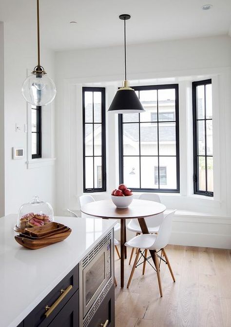 Bay Window with Small Round Dining Table - Transitional - Dining Room Small Bay Window, Boston Living, Small Round Dining Table, Bay Window Living Room, Low Back Dining Chairs, Kitchen Bay Window, Windows Design, Kitchen Banquette, Transitional Dining Room