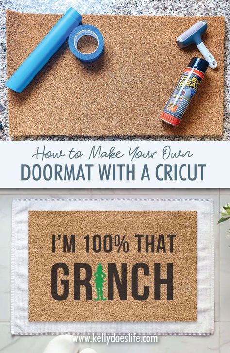 Make your own holiday doormat using your Cricut! Combine the grinch and Lizzo, to make your christmas decorations I'm 100% that grinch. Holiday Doormat, Disney Wine Glasses, Grinch Cricut, Circuit Crafts, Cricut Mat, Stencil Maker, Stencil Vinyl, Maker Project, Christmas Doormat