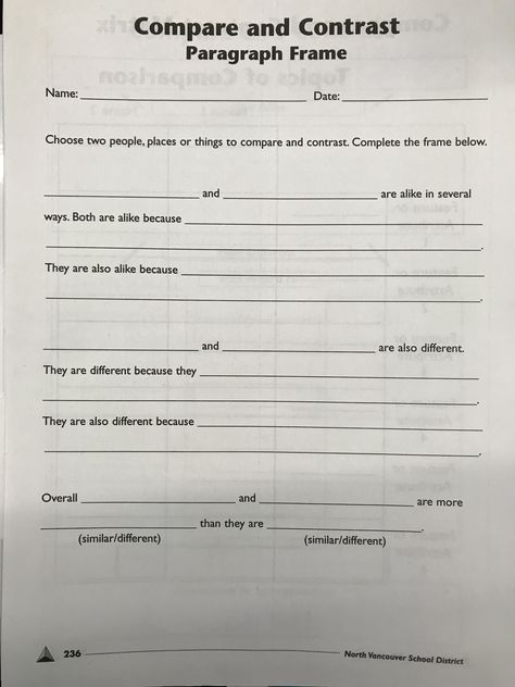 Compare and contrast paragraph frame taken from Writing 44 from the North Vancouver School Board. Compare And Contrast Paragraph Frame, Paragraph Frames For Writing, Compare And Contrast Paragraph, Teacher Clarity, 4 Square Writing, Compare And Contrast Writing, Waldorf Lessons, Compare And Contrast Essay, Write Essay