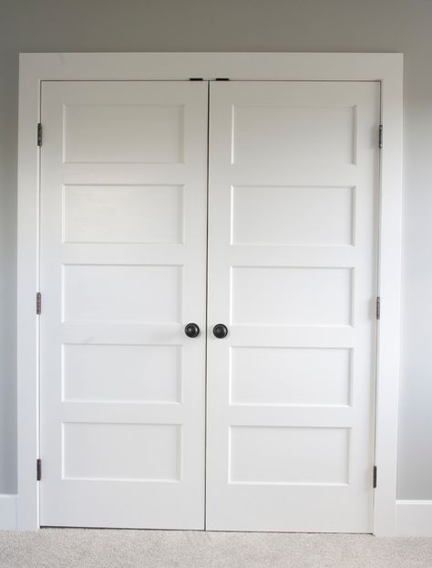 Double Closet Door Ideas, Double Closet Door, Closet Trim, Farmhouse Closet, Jax Taylor, Farmhouse Interior Doors, 5 Panel Doors, Double Closet Doors, French Closet Doors