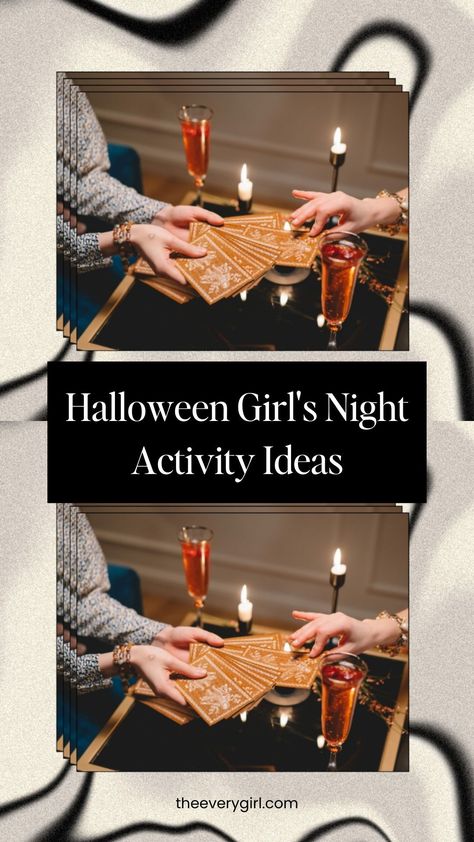 Grab your girls and celebrate Halloween with these night-in activities. Tap for the details. October Girls Night Craft, Spooky Ladies Night, Witches Night In Party Ideas, Witches Night In Party, Spooky Night Activities, Autumn Girls Night In, Witch Party Activities For Adults, Girls Halloween Craft Night, Ladies Night Halloween Party