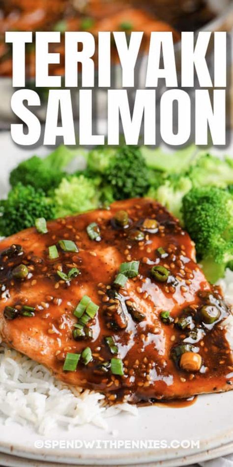 Teriyaki Salmon is quick and easy to prepare! Just pan-fry the salmon until tender and flaky, then top with homemade teriyaki sauce and garnished with green onions! #spendwithpennies #teriyakisalmon #recipe #maindish #stovetop #glazed #easy Salmon Recipes Stove Top, Easy Entrees, Baked Teriyaki Salmon, Emily Bites, Salmon Teriyaki Recipe, Side Dishes For Salmon, Steamed Veggies, 30 Minute Meals Easy, Food Seafood